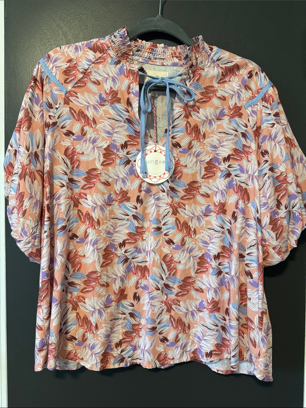 Umgee Peach Floral Tie-Neck Top with Lavender Accents